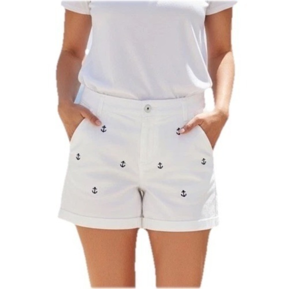 Nautical Chino Shorts White Navy Embroidered Anchors Womens 10 Cuffys 5"